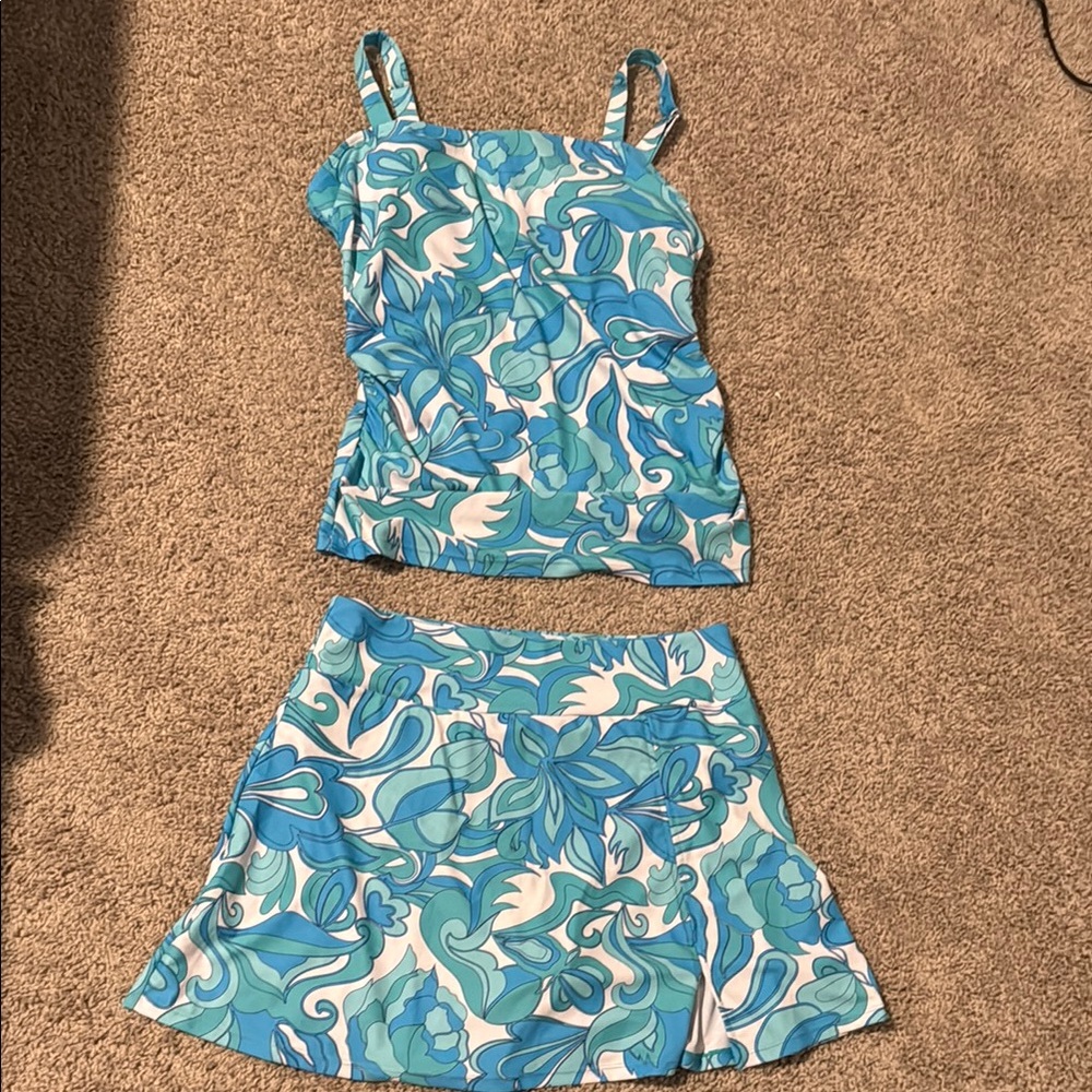 Blue and White Floral Tank Top and Skirt Swim Set